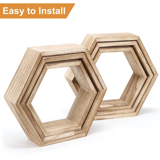 NEX™ Light Brown Hexagon Floating Wood Shelves Set